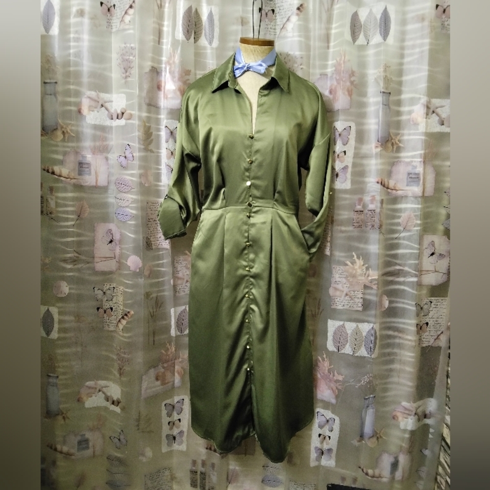 French Connection Midi Olive Green Silky Long Sleeve Dress w/Pockets Size Large